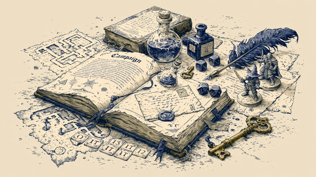 An illustrated game master's tabletop with an open campaign folio, dice and a key