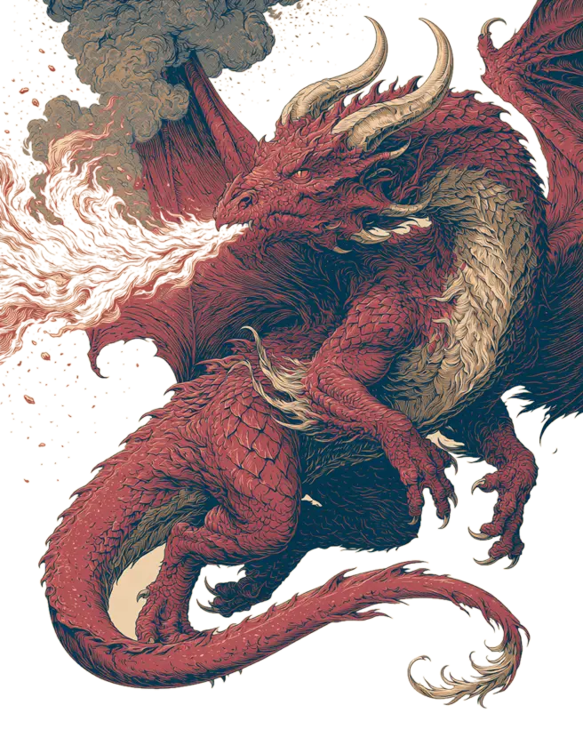 Bestiary illustration: an original red fantasy dragon breathing fire near a volcano.